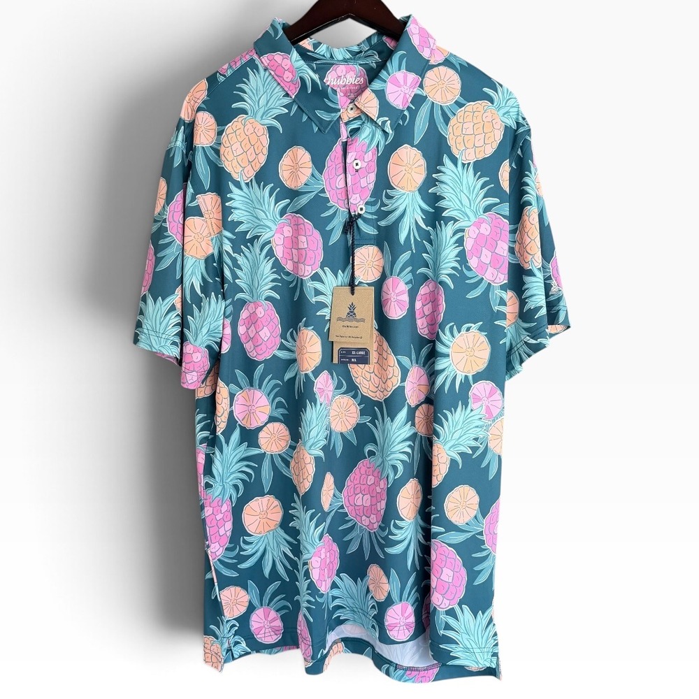 Chubbies Men's XXL The Citrus Punch Performance Polo Shirt Teal Pineapple NWT